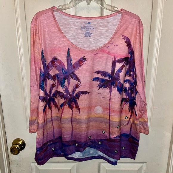 ELLEN NEGLEY Art & SOL Women’s Short Sleeve Palm Trees Tropical Top. Sz XLP. - Picture 1 of 4